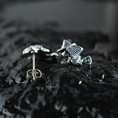 Witch on Broom Earrings, Handcrafted Fantasy Studs, Gothic Witch Jewelry for Halloween or Everyday Magic