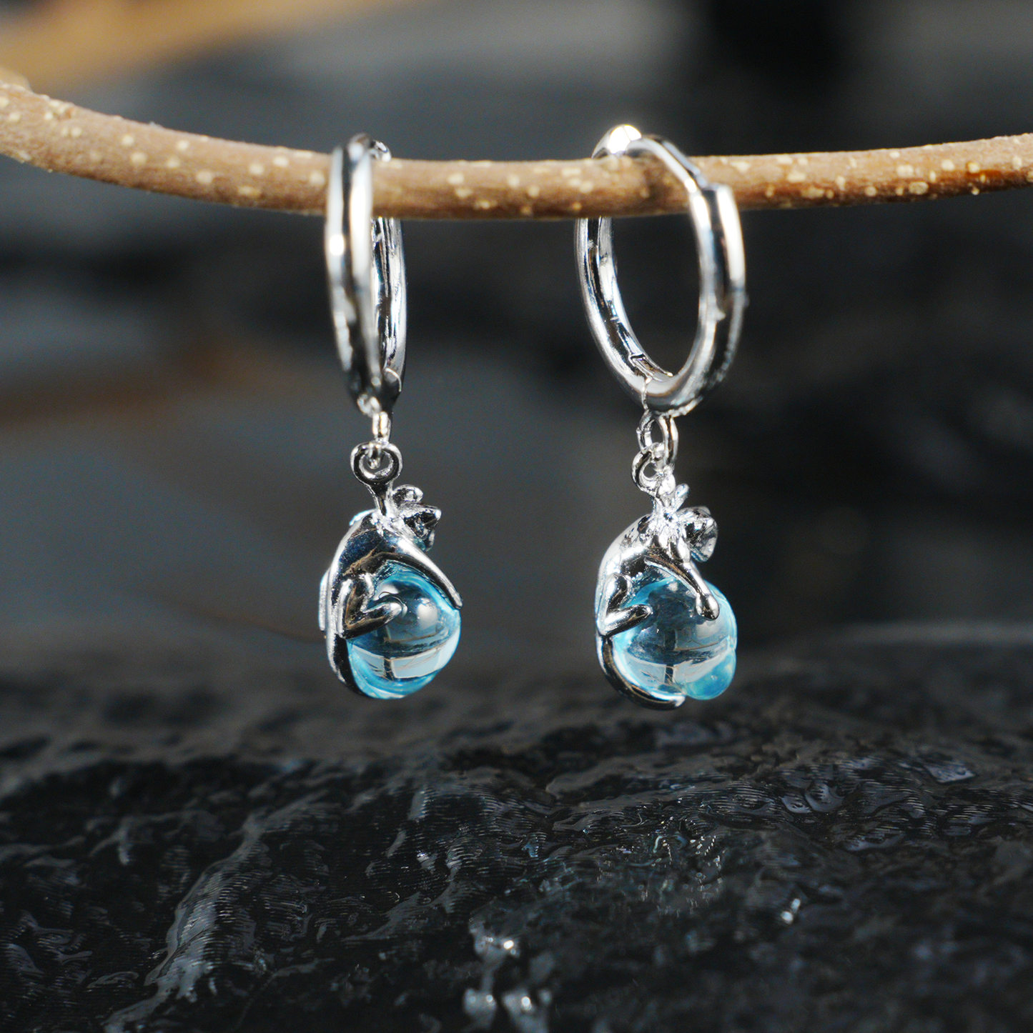 Blue Crystal Cat Earrings | Cute Cat Drop Studs | Whimsical Animal Jewelry Gift for Cat Lovers