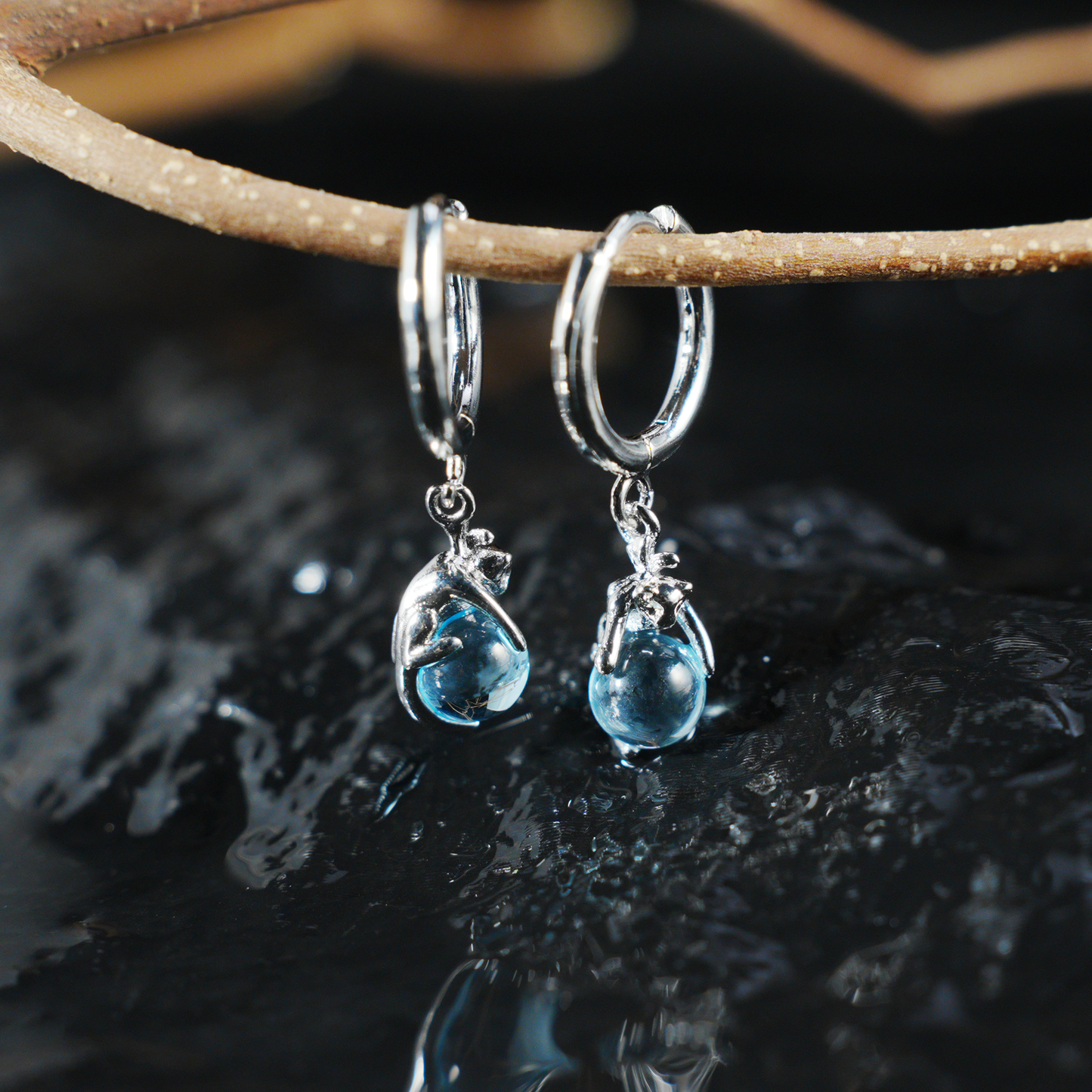 Blue Crystal Cat Earrings | Cute Cat Drop Studs | Whimsical Animal Jewelry Gift for Cat Lovers