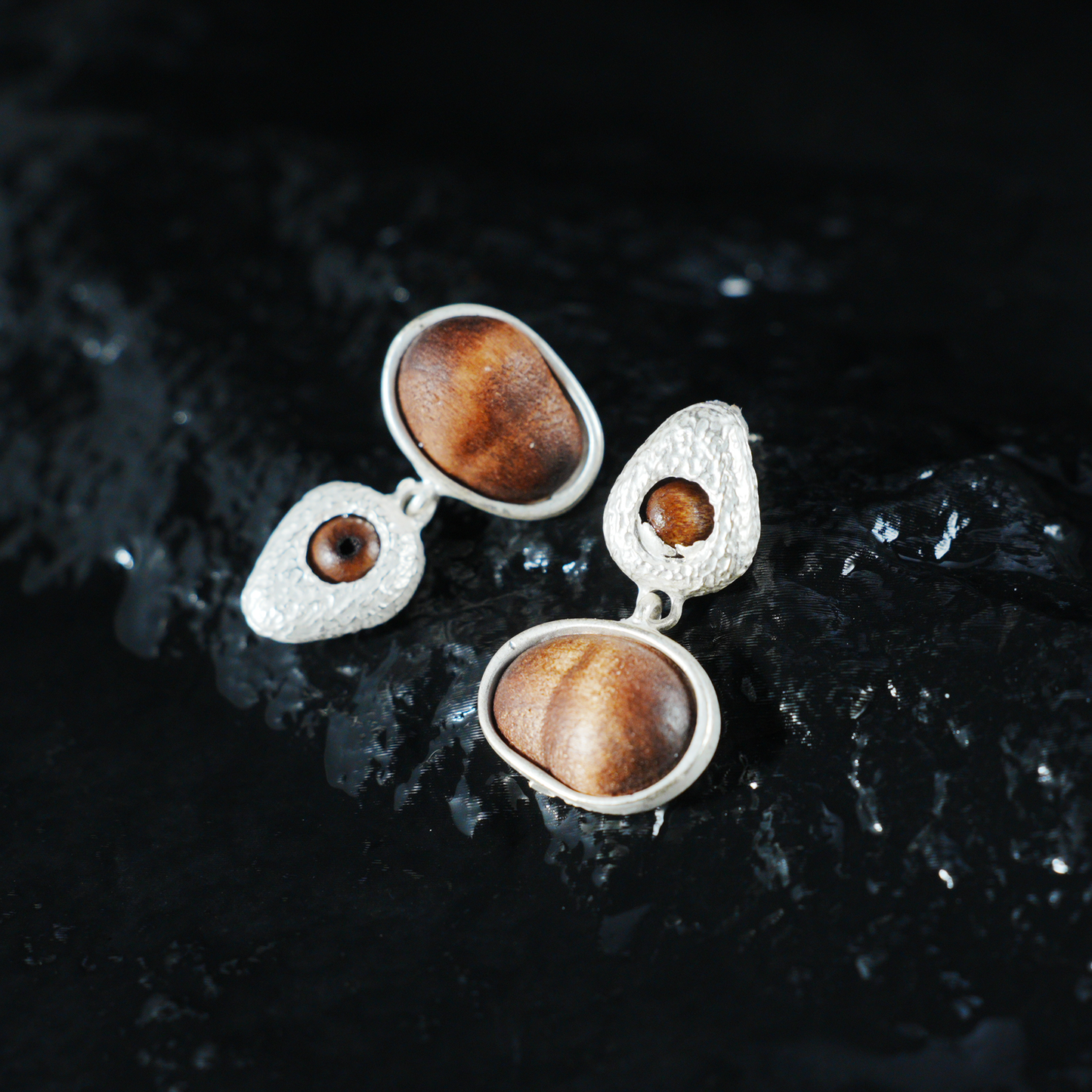 Eye of the Seed – Abstract Cat Eye Earrings with Wood-Style Gem & Textured Frame