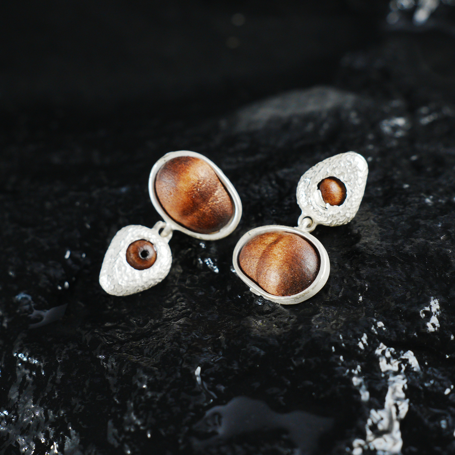 Eye of the Seed – Abstract Cat Eye Earrings with Wood-Style Gem & Textured Frame