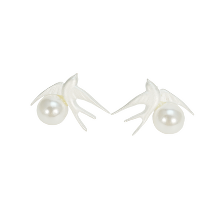 Swallow Pearl Earrings, Minimalist Bird Studs for Everyday Wear, Gift of Hope and Return