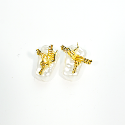 Elegant Crane Earrings with Baroque Pearls | Gold Bird Design | Asian-Inspired Lightweight Statement Jewelry