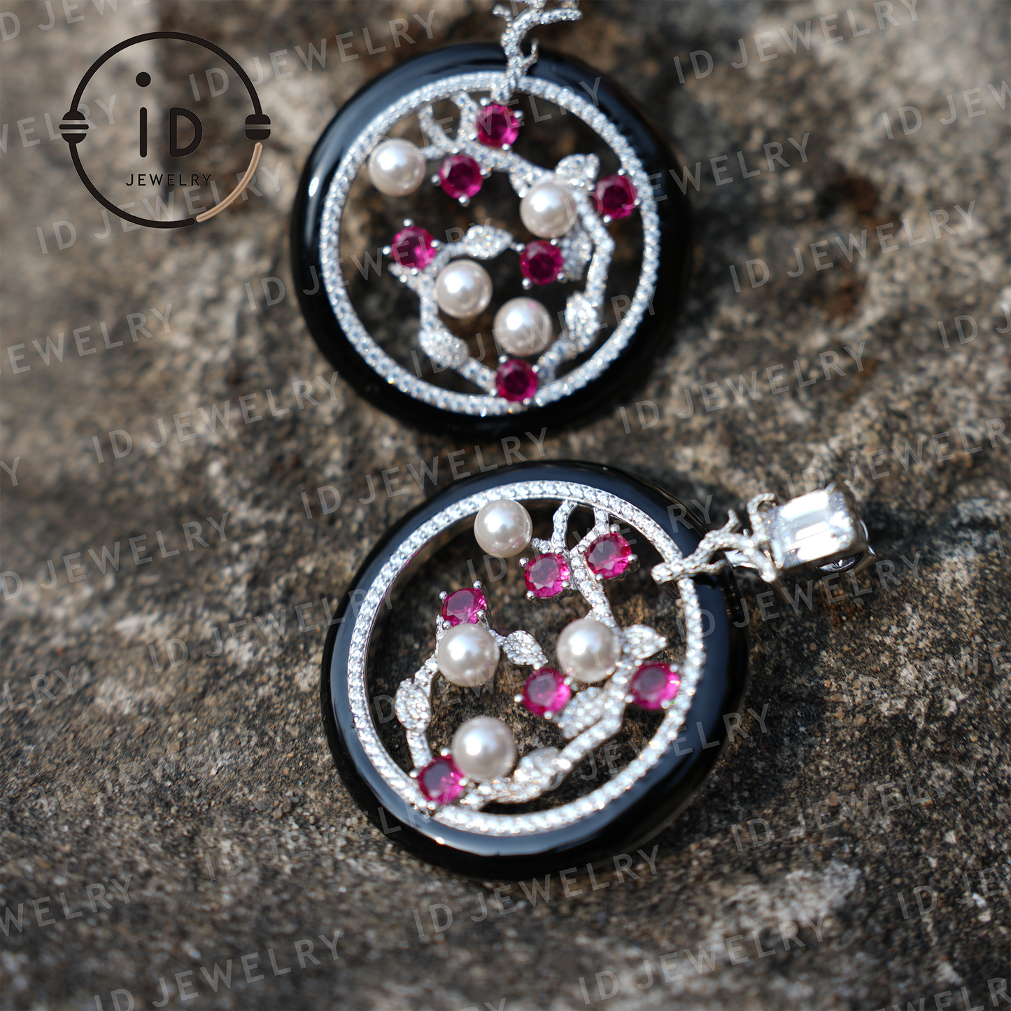 Pearl Earrings in Sterling Silver with Rhodolite and Zirconia – Elegant Jewelry for Special Occasions