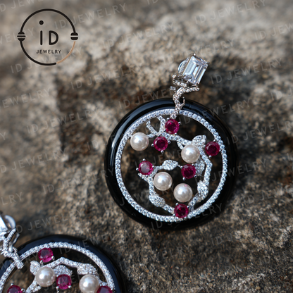 Pearl Earrings in Sterling Silver with Rhodolite and Zirconia – Elegant Jewelry for Special Occasions