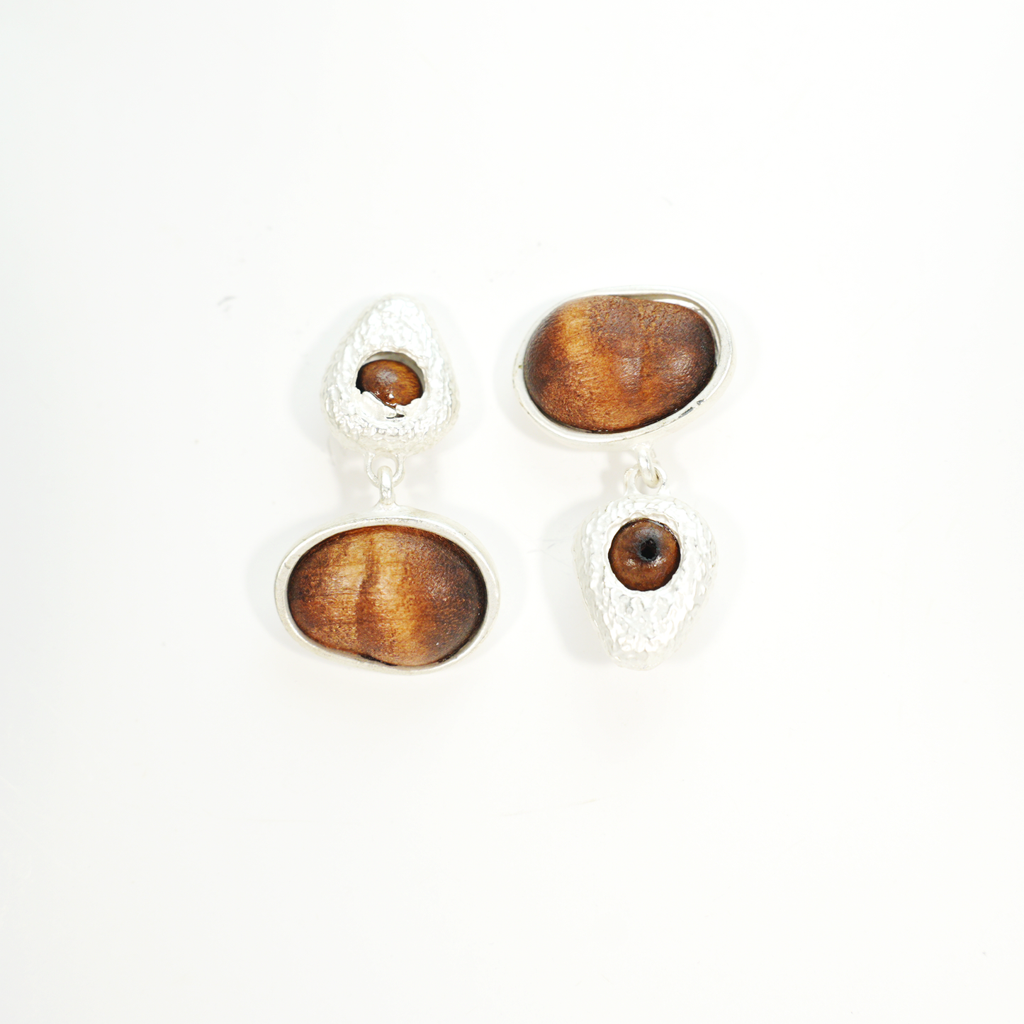 Eye of the Seed – Abstract Cat Eye Earrings with Wood-Style Gem & Textured Frame
