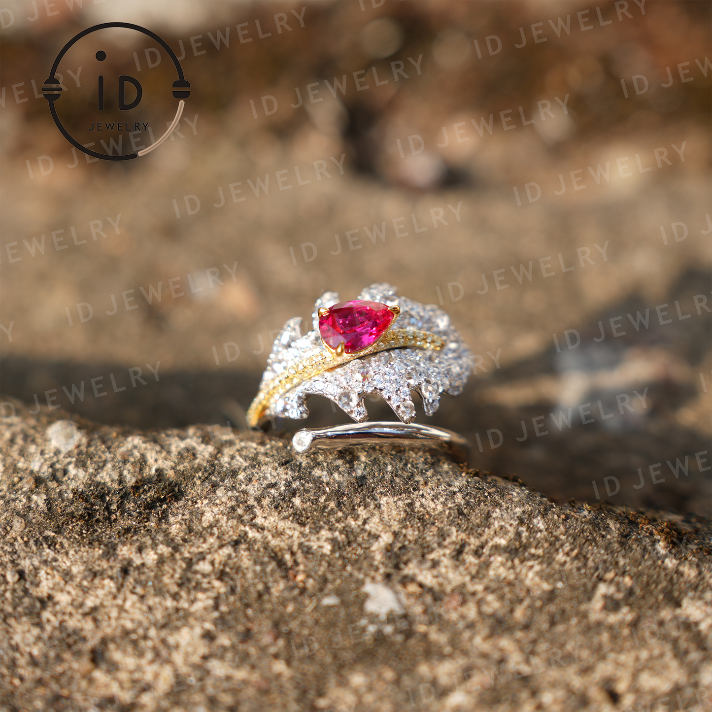 Feather Ruby Ring in Sterling Silver with 18k Gold Plating, Nature-Inspired Jewelry for Women, Elegant Gift Idea