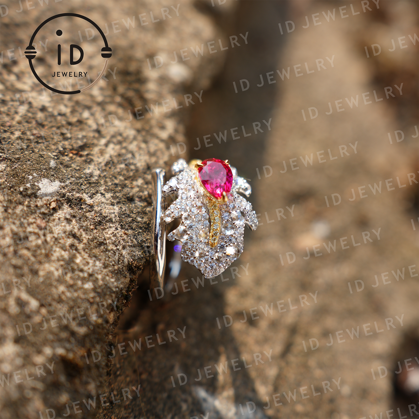 Feather Ruby Ring in Sterling Silver with 18k Gold Plating, Nature-Inspired Jewelry for Women, Elegant Gift Idea