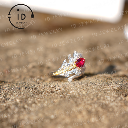 Feather Ruby Ring in Sterling Silver with 18k Gold Plating, Nature-Inspired Jewelry for Women, Elegant Gift Idea