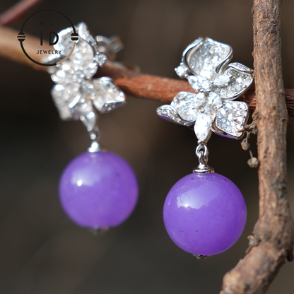 925 Sterling Silver Purple Jade Earrings, Elegant Flower Earrings for Women, Perfect Gift for Special Occasions