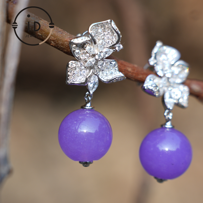 925 Sterling Silver Purple Jade Earrings, Elegant Flower Earrings for Women, Perfect Gift for Special Occasions