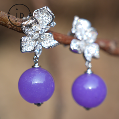 925 Sterling Silver Purple Jade Earrings, Elegant Flower Earrings for Women, Perfect Gift for Special Occasions