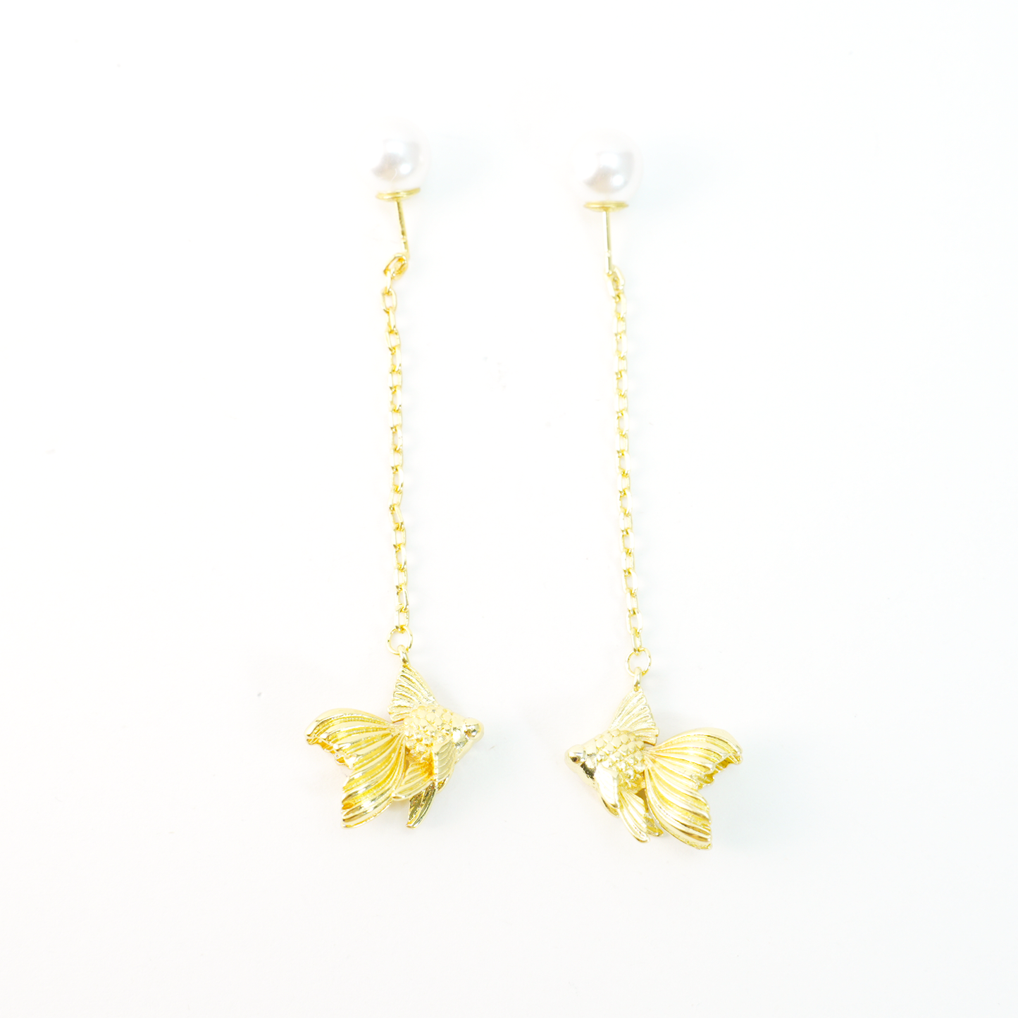 Gold Fish Dangle Earrings with Pearl | Long Drop Earrings | Elegant Animal Jewelry for Women | Handmade Gift Idea
