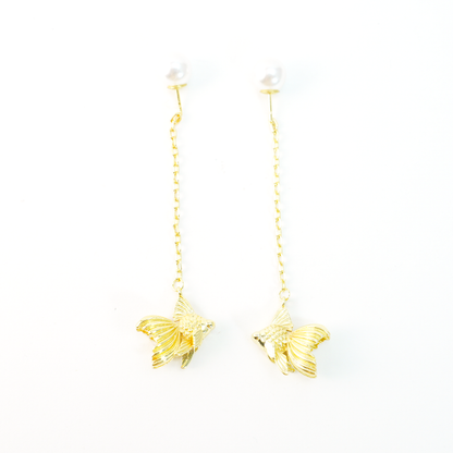 Gold Fish Dangle Earrings with Pearl | Long Drop Earrings | Elegant Animal Jewelry for Women | Handmade Gift Idea