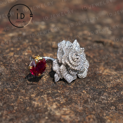 Adjustable Rose Flower Ring with Red Gemstone, 925 Silver and 18k Gold, Romantic Jewelry for Women