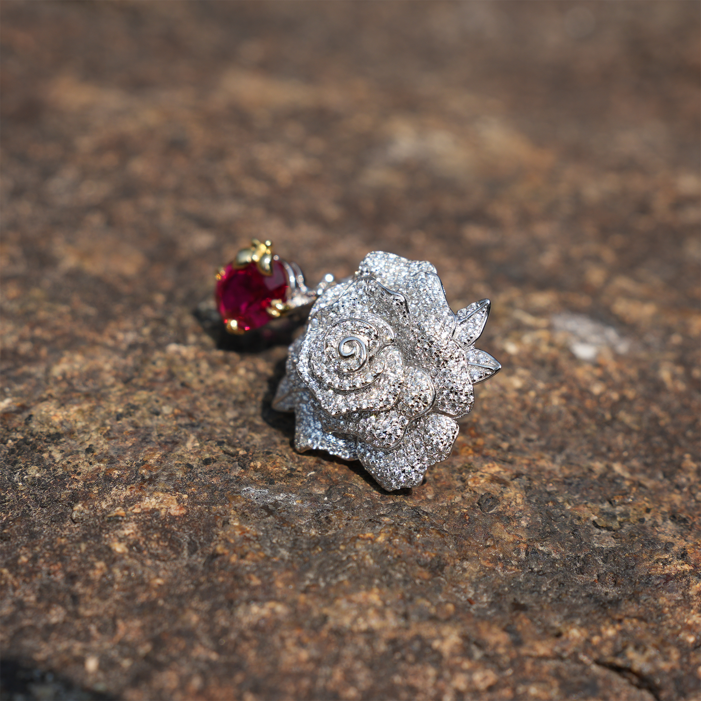 Adjustable Rose Flower Ring with Red Gemstone, 925 Silver and 18k Gold, Romantic Jewelry for Women