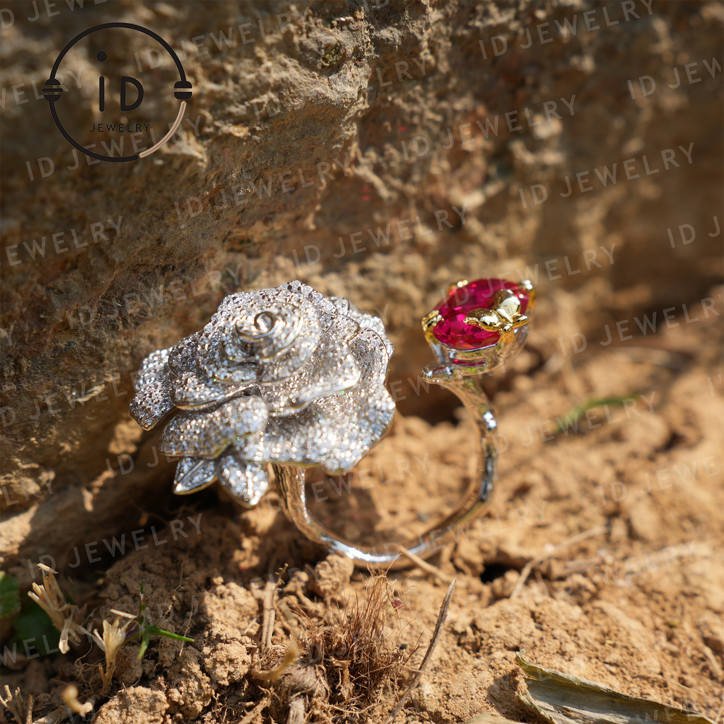 Adjustable Rose Flower Ring with Red Gemstone, 925 Silver and 18k Gold, Romantic Jewelry for Women