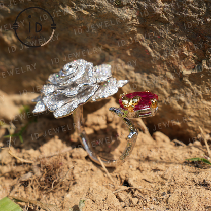 Adjustable Rose Flower Ring with Red Gemstone, 925 Silver and 18k Gold, Romantic Jewelry for Women