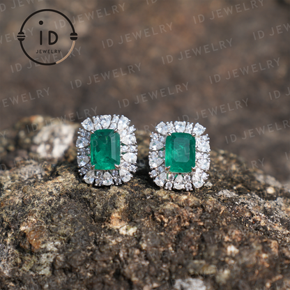 Classic Emerald Stud Earrings, Sterling Silver Jewelry, Luxury Gift for Women, Anniversary Present