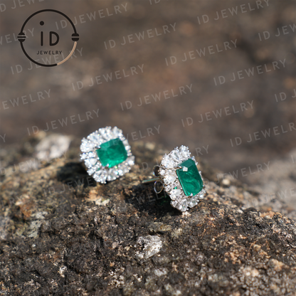 Classic Emerald Stud Earrings, Sterling Silver Jewelry, Luxury Gift for Women, Anniversary Present