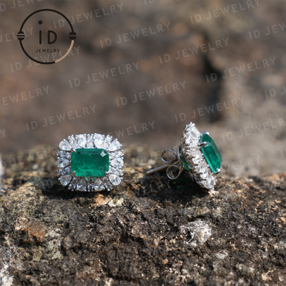 Classic Emerald Stud Earrings, Sterling Silver Jewelry, Luxury Gift for Women, Anniversary Present