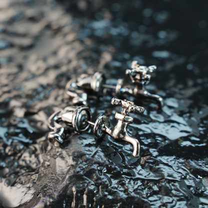 Faucet Earrings Quirky Metal Tap Studs, Punk Industrial Style Water Valve Jewelry, Funny Statement Earrings for Women