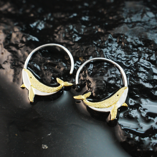 Dolphin Stud Earrings – Gold & Silver Two-Tone Animal Totem Jewelry, Spiritual Ocean Lover Gift