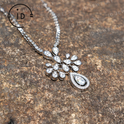 Flower Waterdrop Pendant Necklace, Sterling Silver, White Gold Plated, Lab Created Zircon, Perfect Gift for Her