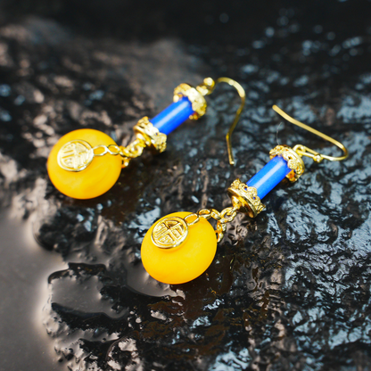 Oriental Vintage Dangle Earrings with Amber & Lapis Lazuli｜Lucky Coin Charm Design｜Symbolic Amulet Jewelry