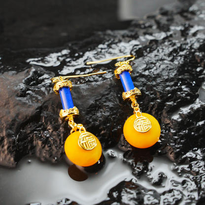 Oriental Vintage Dangle Earrings with Amber & Lapis Lazuli｜Lucky Coin Charm Design｜Symbolic Amulet Jewelry