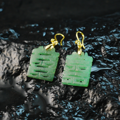 Chinese Double Happiness Jade Earrings | Long Green Jade Dangle Earrings, Wedding & Festive Lucky Charm