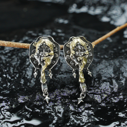 Braided Girl Earrings, Vintage Fantasy Studs with Star Dangles, Art Relief Jewelry