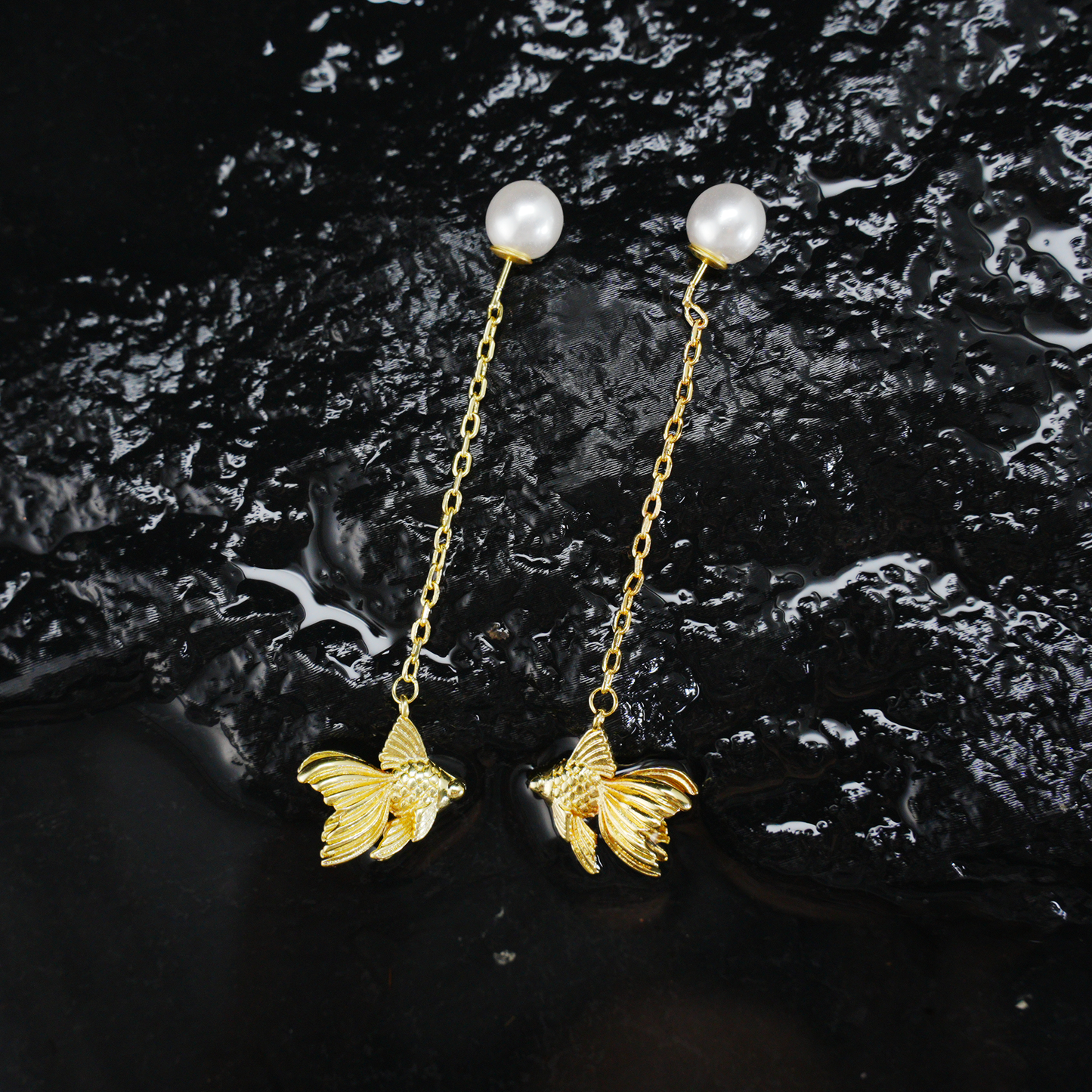 Gold Fish Dangle Earrings with Pearl | Long Drop Earrings | Elegant Animal Jewelry for Women | Handmade Gift Idea
