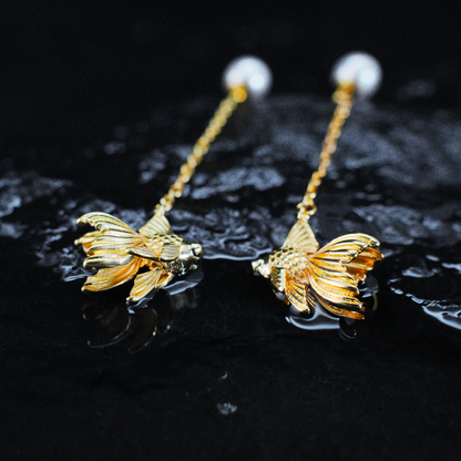Gold Fish Dangle Earrings with Pearl | Long Drop Earrings | Elegant Animal Jewelry for Women | Handmade Gift Idea