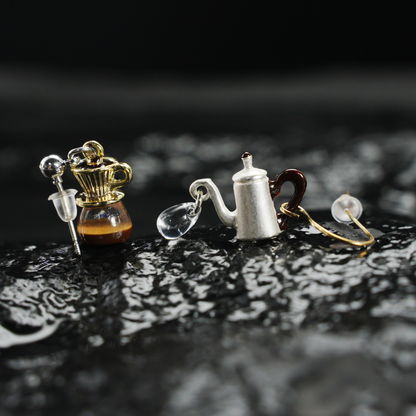 Coffee Kettle & Dripper Earrings | Asymmetrical Cafe-Inspired Studs | Whimsical Jewelry for Coffee Lovers