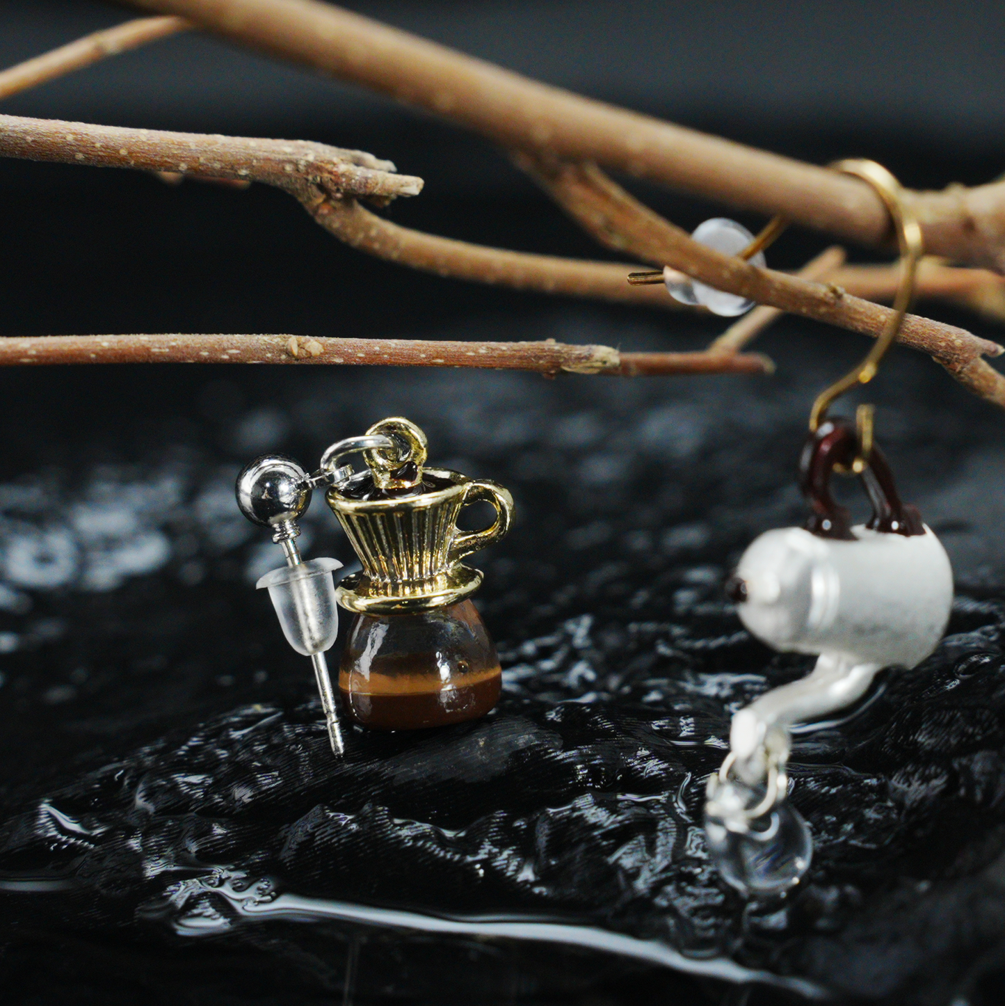 Coffee Kettle & Dripper Earrings | Asymmetrical Cafe-Inspired Studs | Whimsical Jewelry for Coffee Lovers