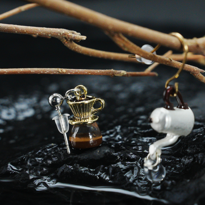 Coffee Kettle & Dripper Earrings | Asymmetrical Cafe-Inspired Studs | Whimsical Jewelry for Coffee Lovers