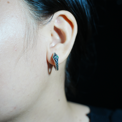 Mystic Snake Stud Earrings with Green Eyes, Gothic Animal Inspired Jewelry, Symbolic Serpent Earrings for Unisex Style & Spiritual Look