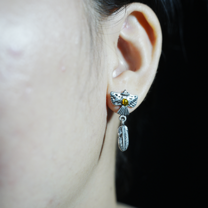 Flying Bird and Feather Drop Earring, Symbolic Totem Jewelry for Freedom, Spirit, and Inner Clarity