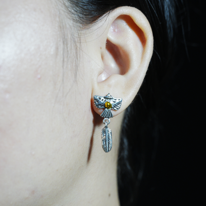 Flying Bird and Feather Drop Earring, Symbolic Totem Jewelry for Freedom, Spirit, and Inner Clarity