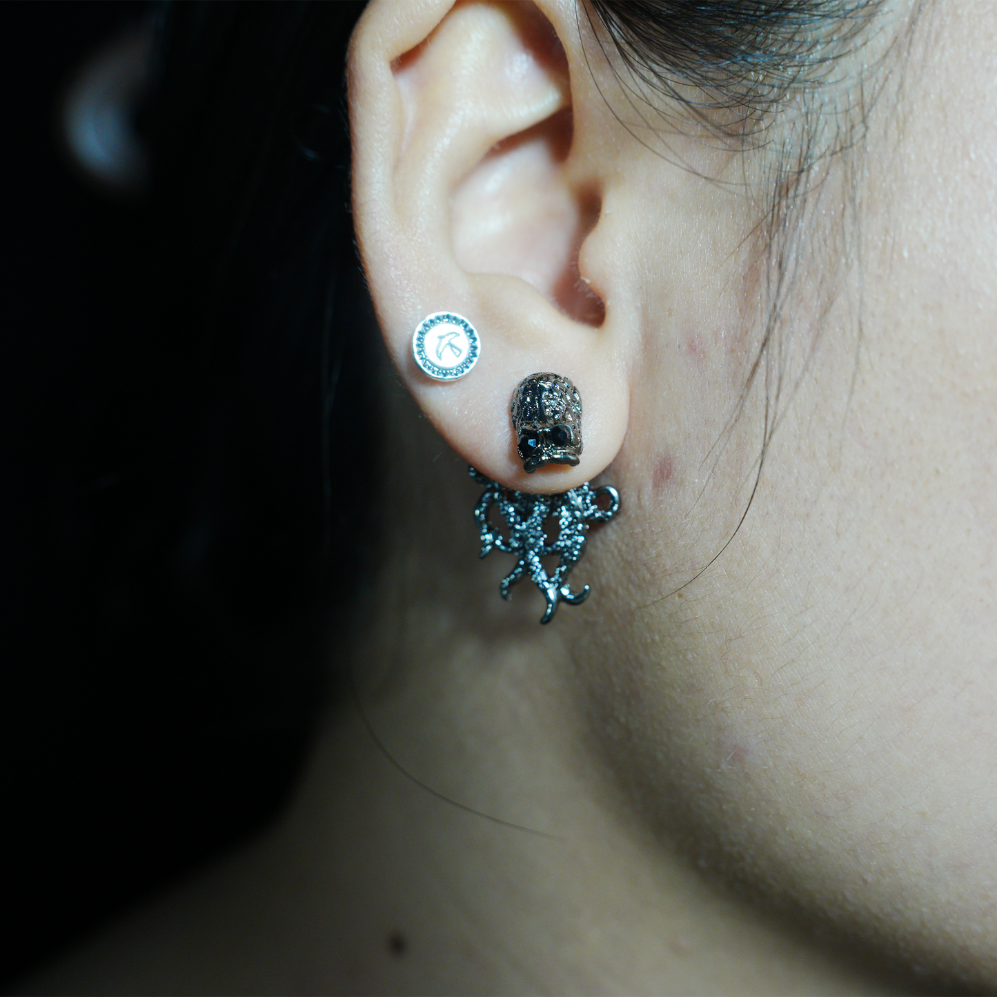 Gothic Octopus Stud Earring with Gemstone Eyes, Dark Fantasy Kraken Sea Monster Jewelry for Punk Style