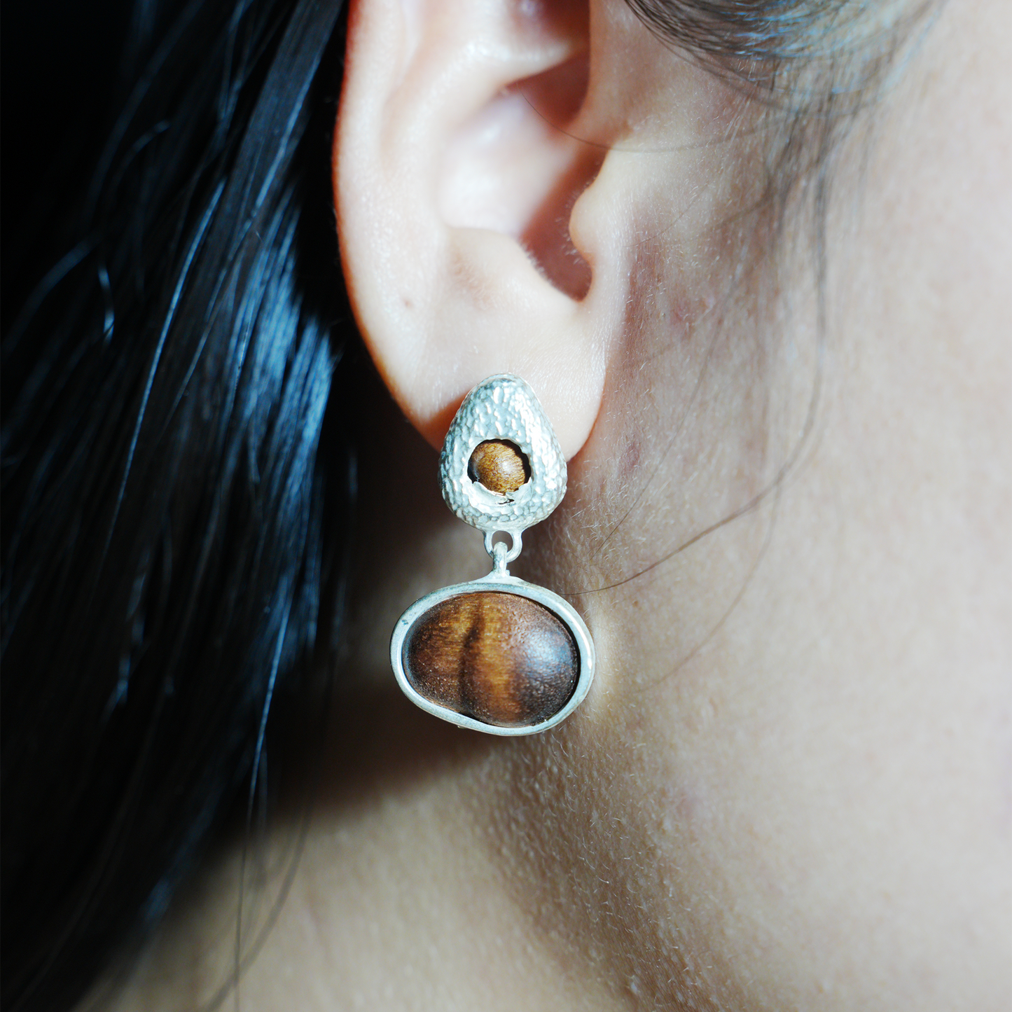 Eye of the Seed – Abstract Cat Eye Earrings with Wood-Style Gem & Textured Frame