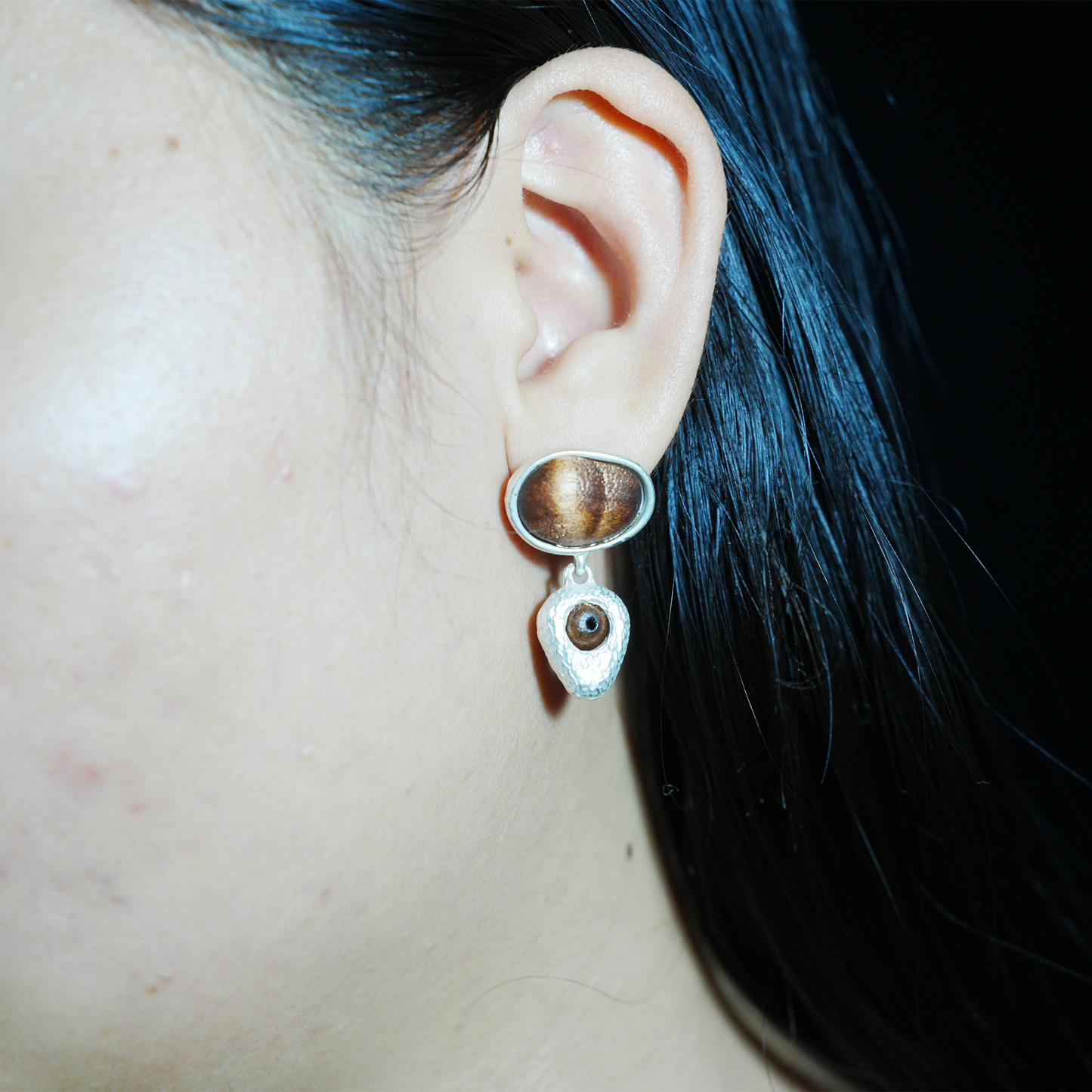 Eye of the Seed – Abstract Cat Eye Earrings with Wood-Style Gem & Textured Frame