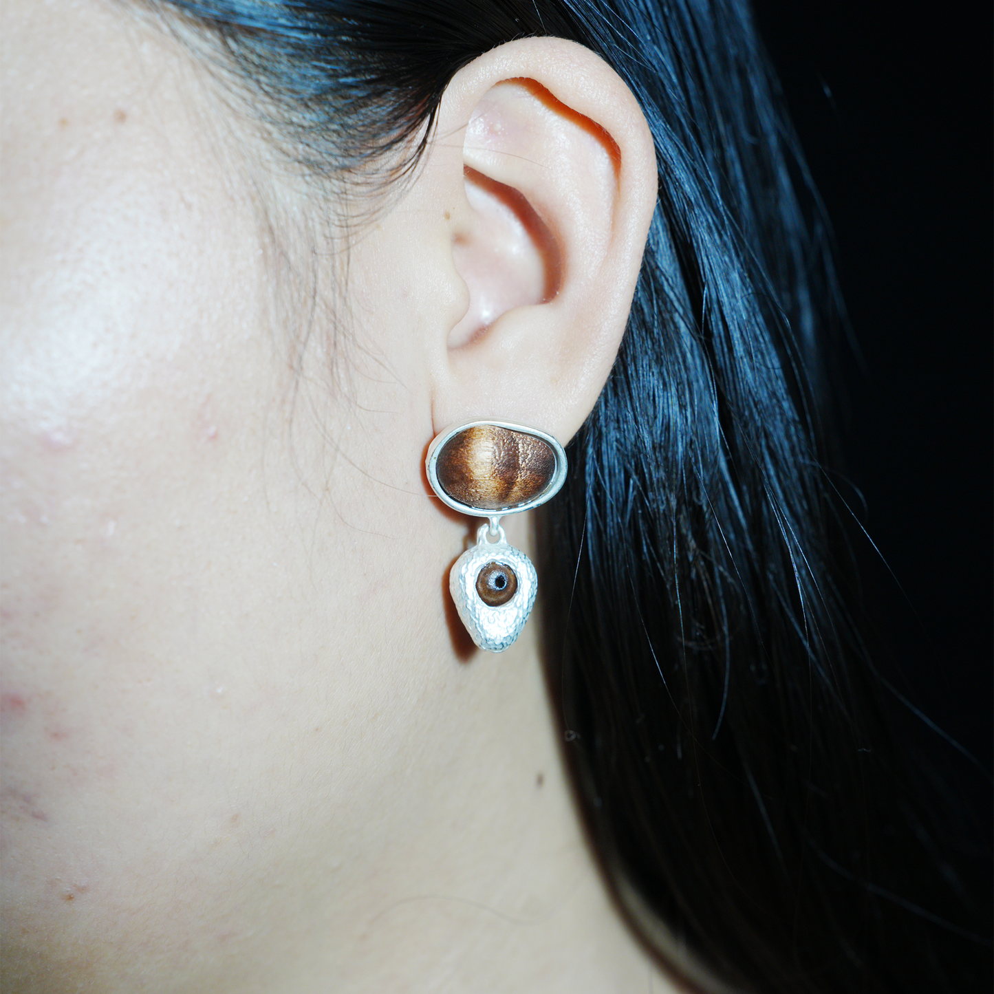 Eye of the Seed – Abstract Cat Eye Earrings with Wood-Style Gem & Textured Frame