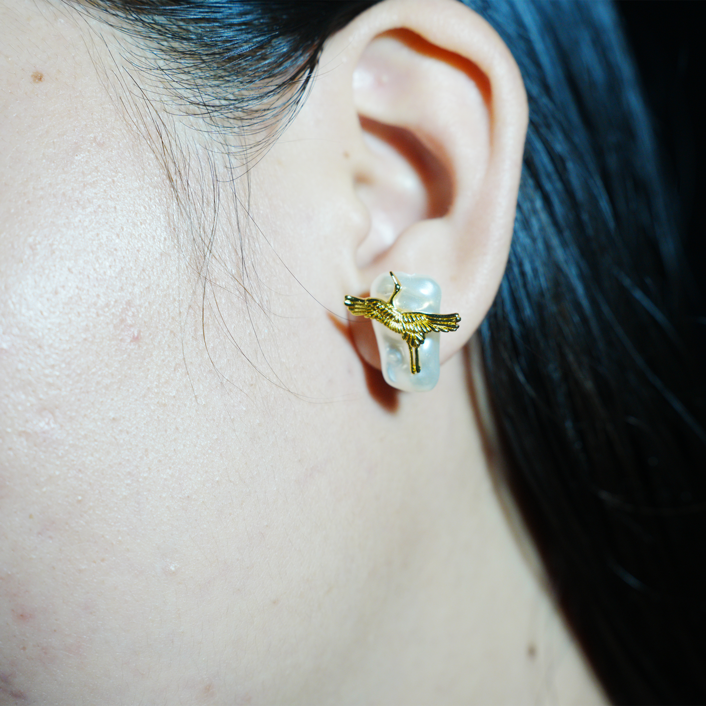 Elegant Crane Earrings with Baroque Pearls | Gold Bird Design | Asian-Inspired Lightweight Statement Jewelry