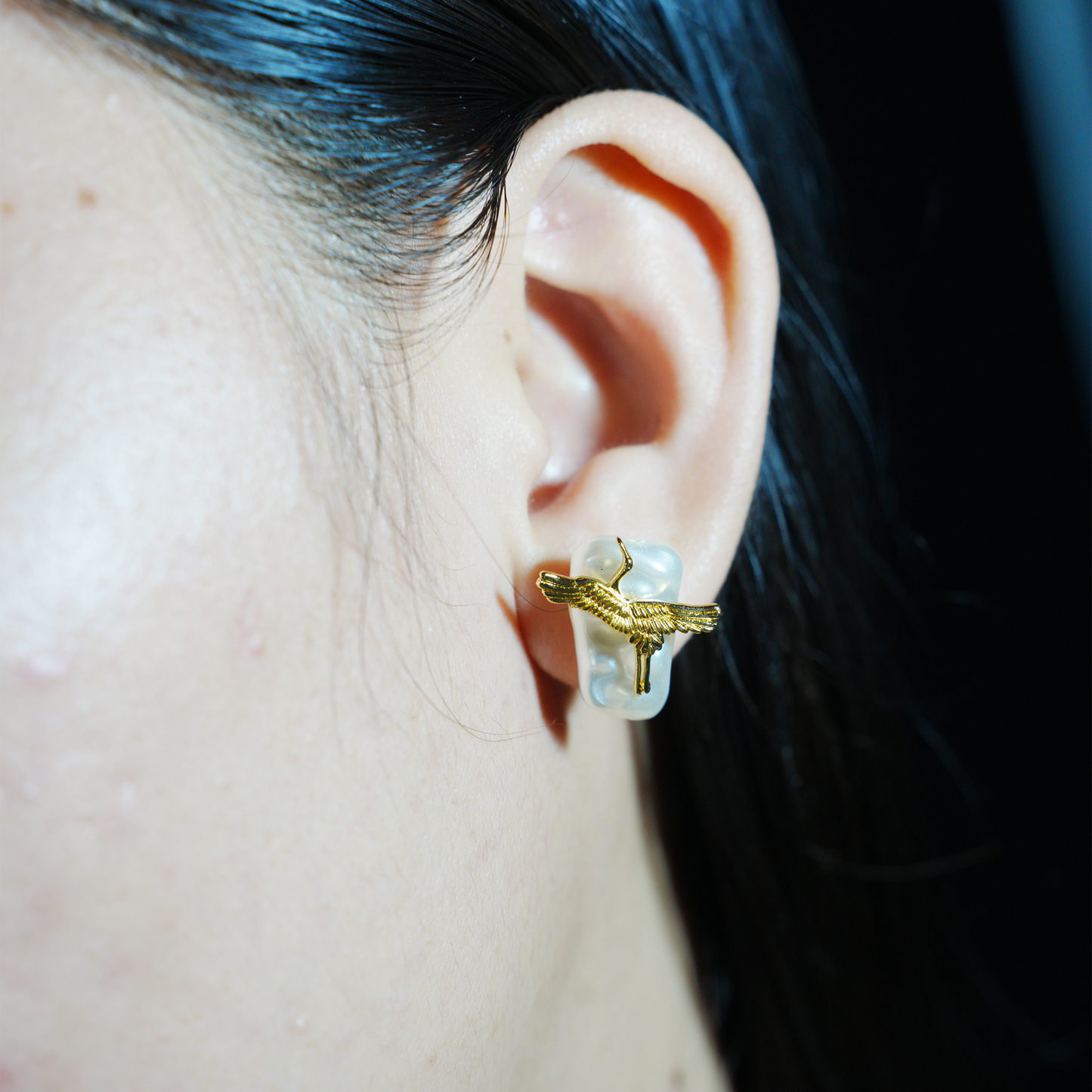 Elegant Crane Earrings with Baroque Pearls | Gold Bird Design | Asian-Inspired Lightweight Statement Jewelry