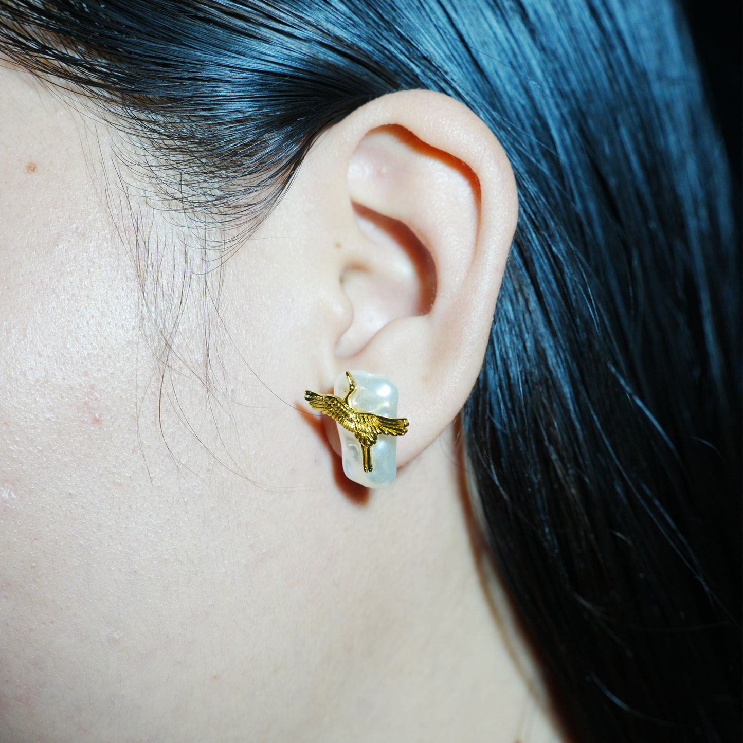 Elegant Crane Earrings with Baroque Pearls | Gold Bird Design | Asian-Inspired Lightweight Statement Jewelry