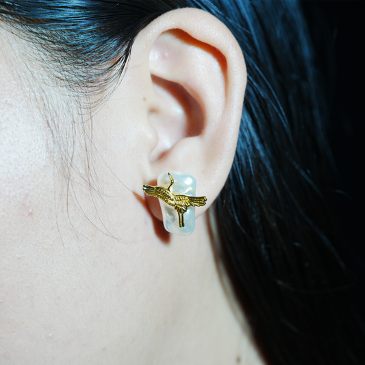 Elegant Crane Earrings with Baroque Pearls | Gold Bird Design | Asian-Inspired Lightweight Statement Jewelry
