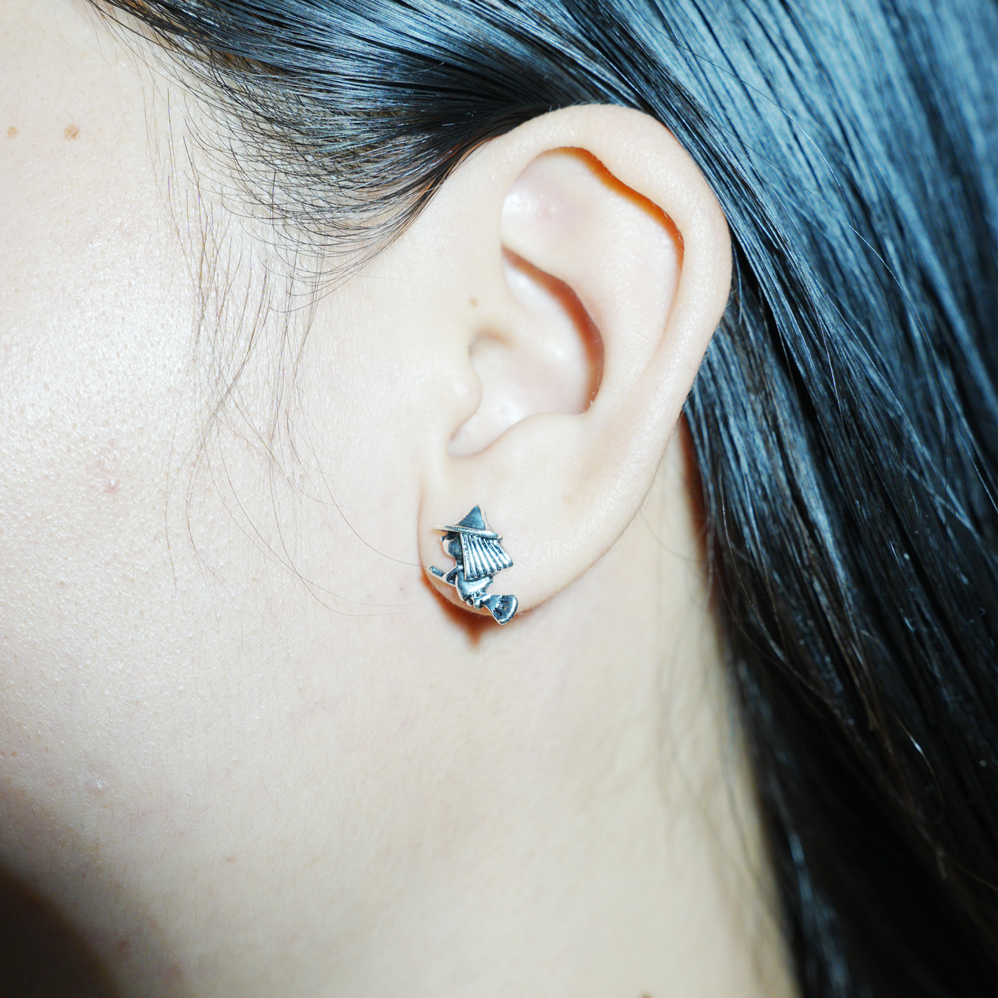 Witch on Broom Earrings, Handcrafted Fantasy Studs, Gothic Witch Jewelry for Halloween or Everyday Magic