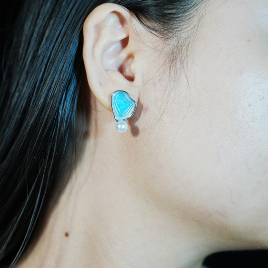 Irregular Blue Stud Earrings | Pearl Accent | Artistic Enamel Drop Earrings